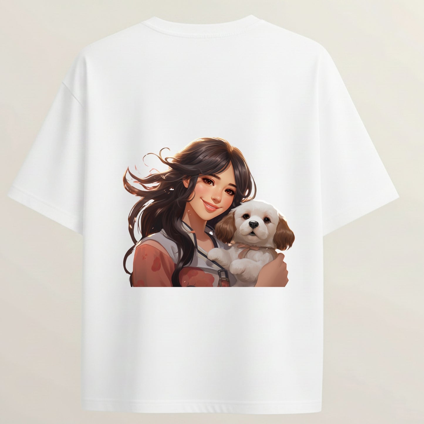 Girl & Puppy Cute Pet Lover Graphic French Terry Oversized 5-Sleeve T-Shirt  - White