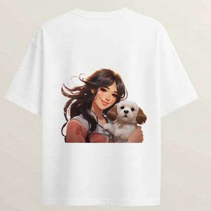 Girl & Puppy Cute Pet Lover Graphic French Terry Oversized 5-Sleeve T-Shirt  - White