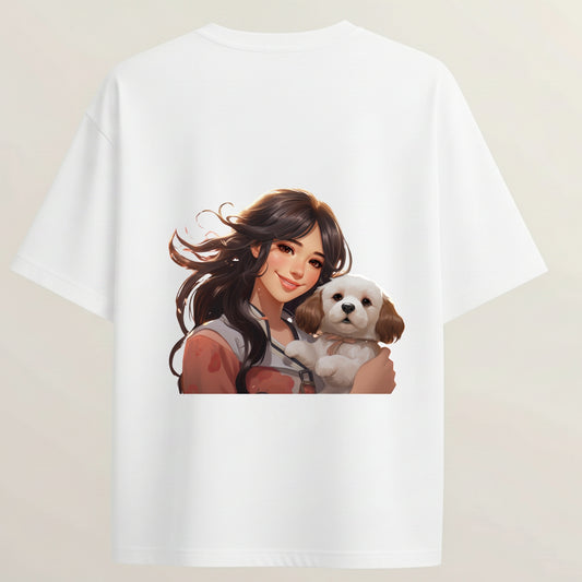 Girl & Puppy Cute Pet Lover Graphic French Terry Oversized 5-Sleeve T-Shirt  - White