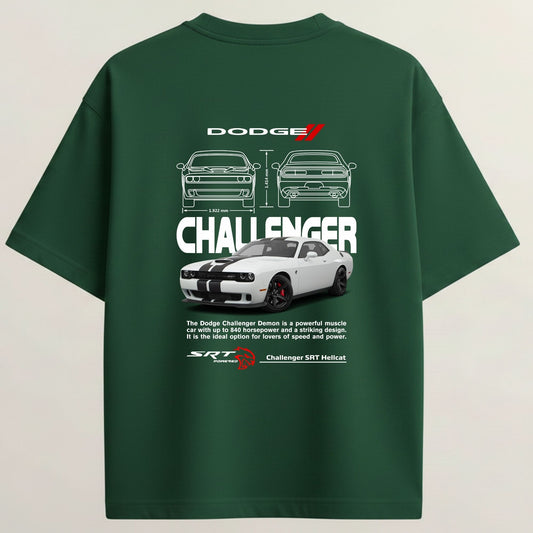 Dodge Challenger French Terry Oversized 5-Sleeve T-Shirt - Bottle Green