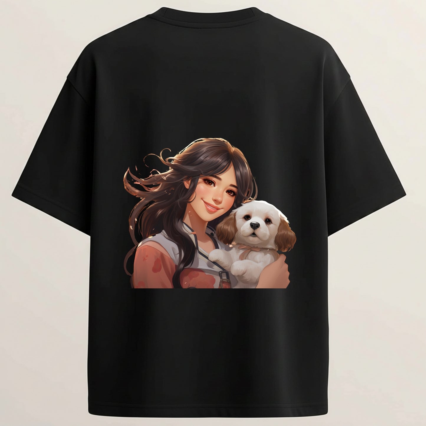 Girl & Puppy Cute Pet Lover Graphic French Terry Oversized 5-Sleeve T-Shirt  - Midnight Black