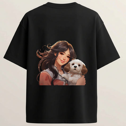 Girl & Puppy Cute Pet Lover Graphic French Terry Oversized 5-Sleeve T-Shirt  - Midnight Black