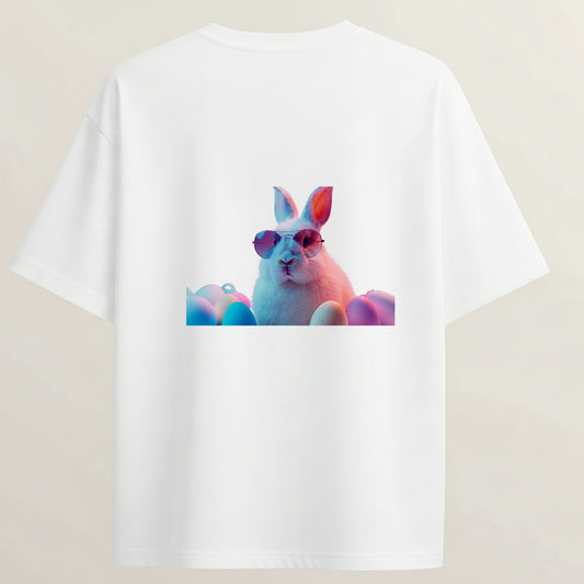 Cute Bunny French Terry Oversized 5-Sleeve T-Shirt  - White