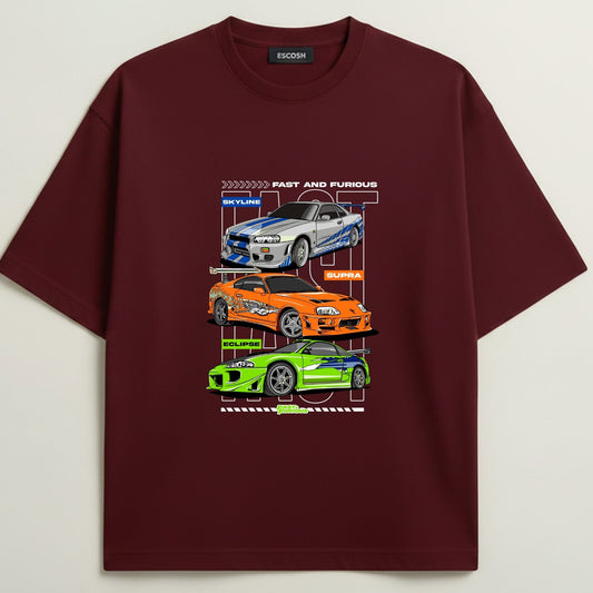 Fast And Furious French Terry Oversized 5-Sleeve T-Shirt - Royal Maroon