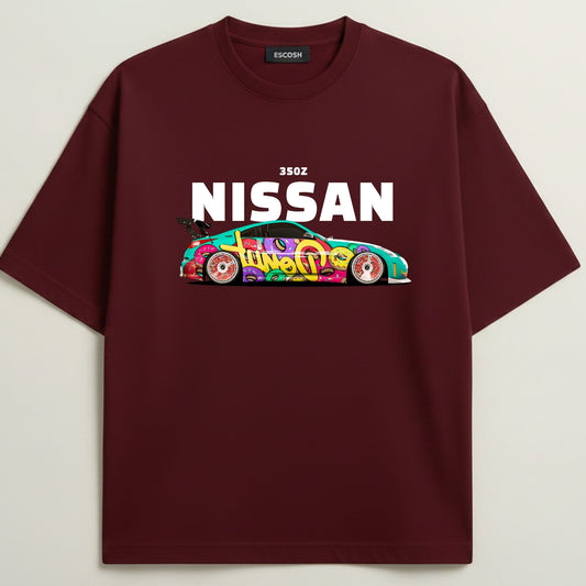 Z NISSAN French Terry Oversized 5-Sleeve T-Shirt - Royal Maroon