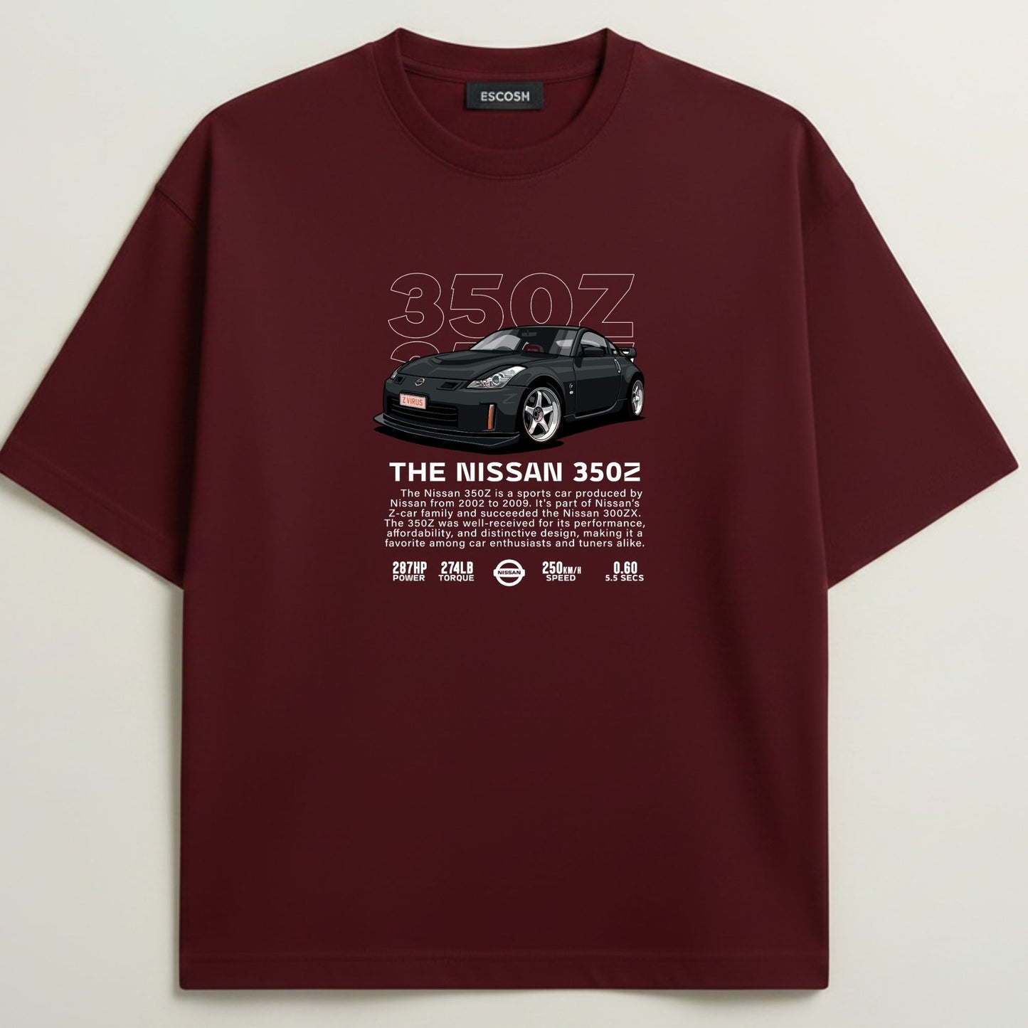 NISSAN 350 Z French Terry Oversized 5-Sleeve T-Shirt  - Royal Maroon