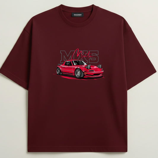 MIATA MX5 French Terry Oversized 5-Sleeve T-Shirt  - Royal Maroon