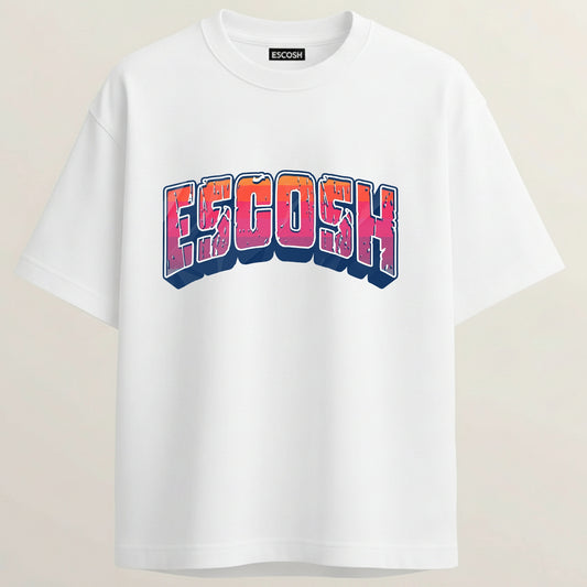 Escosh Title Text French Terry Oversized 5-Sleeve T-Shirt  - White
