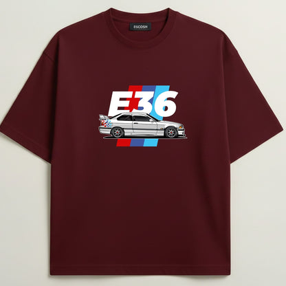 BMW E36 French Terry Oversized 5-Sleeve T-Shirt  - Royal Maroon