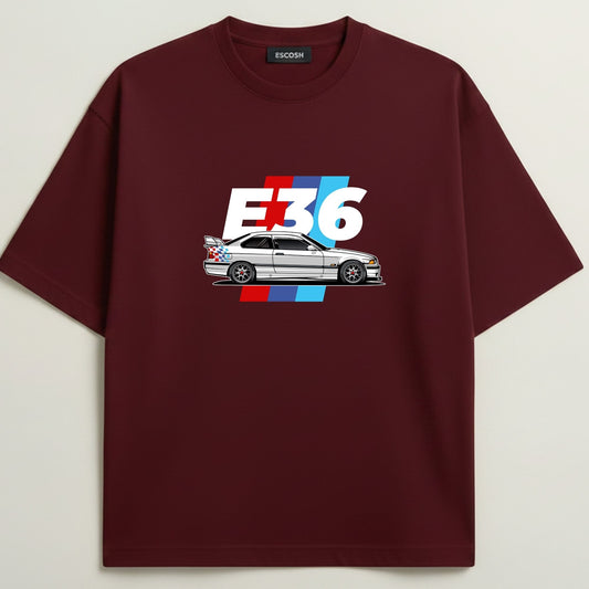 BMW E36 French Terry Oversized 5-Sleeve T-Shirt  - Royal Maroon