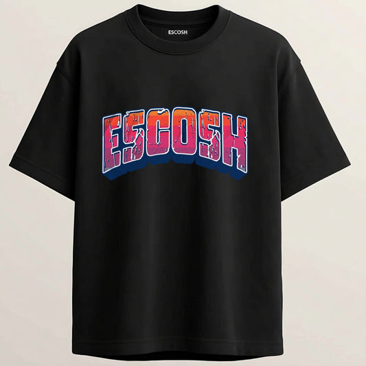 Title Text French Terry Oversized 5-Sleeve T-Shirt  - Midnight Black