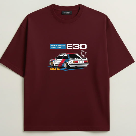 BMW E30 French Terry Oversized 5-Sleeve T-Shirt  - Royal Maroon