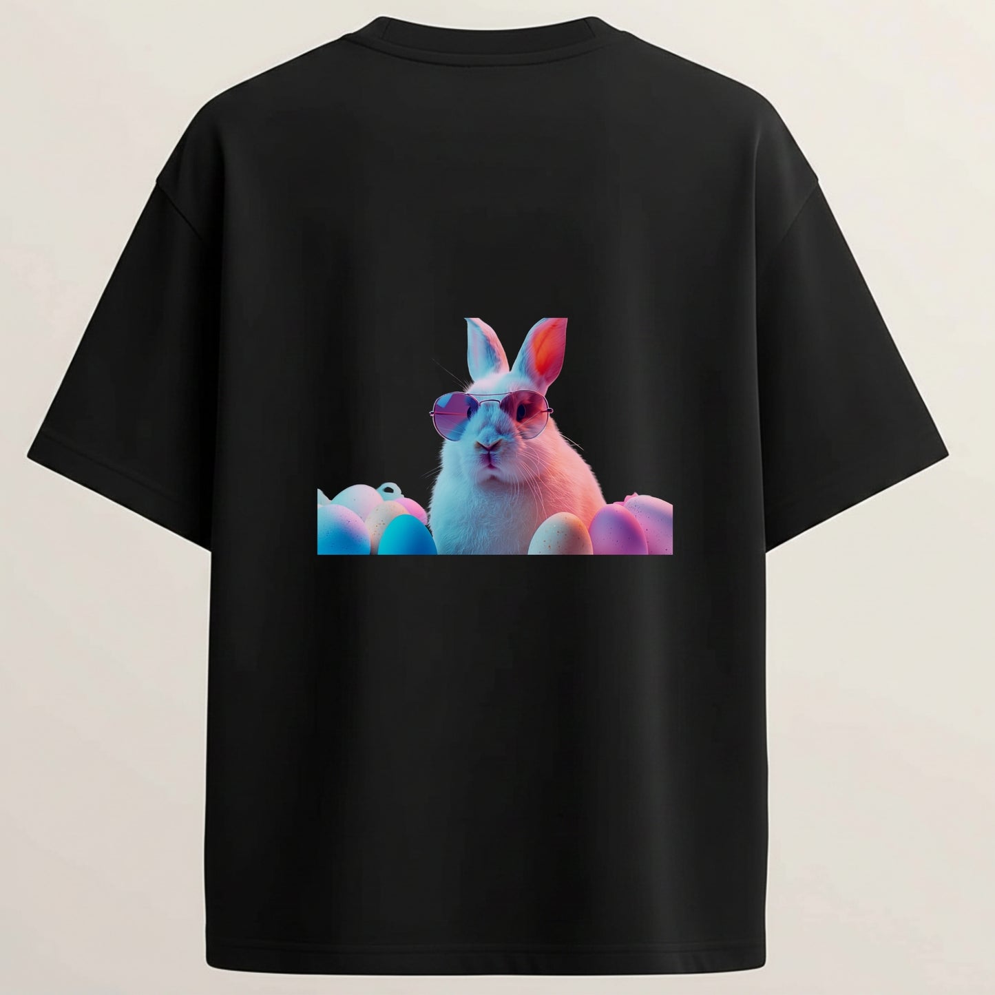 Cute Bunny French Terry Oversized 5-Sleeve T-Shirt  - Midnight Black