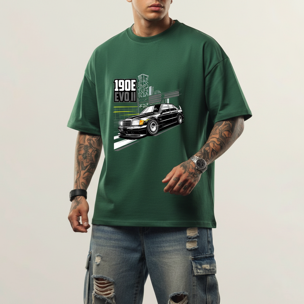 Benz 190E Oversized French Terry 5-Sleeve T-Shirt - Bottle Green