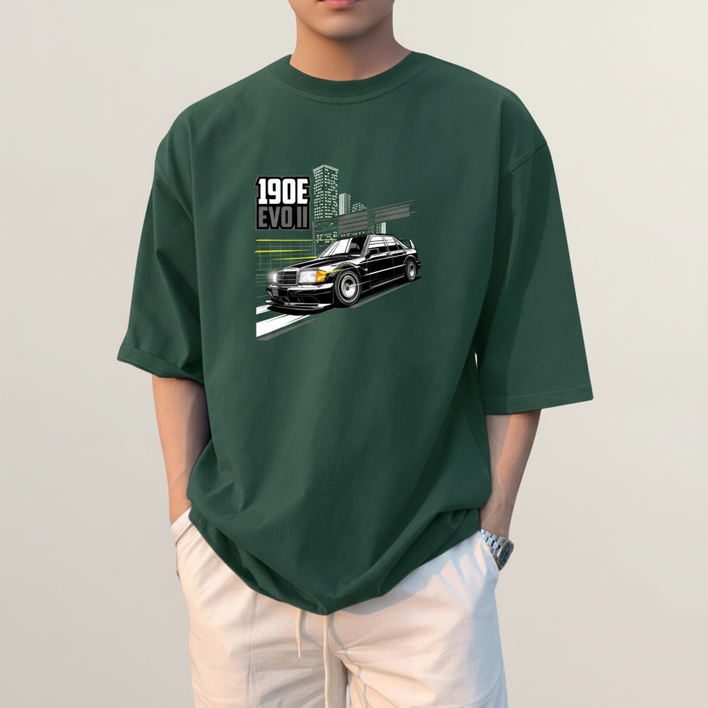 Benz 190E Oversized French Terry 5-Sleeve T-Shirt - Bottle Green