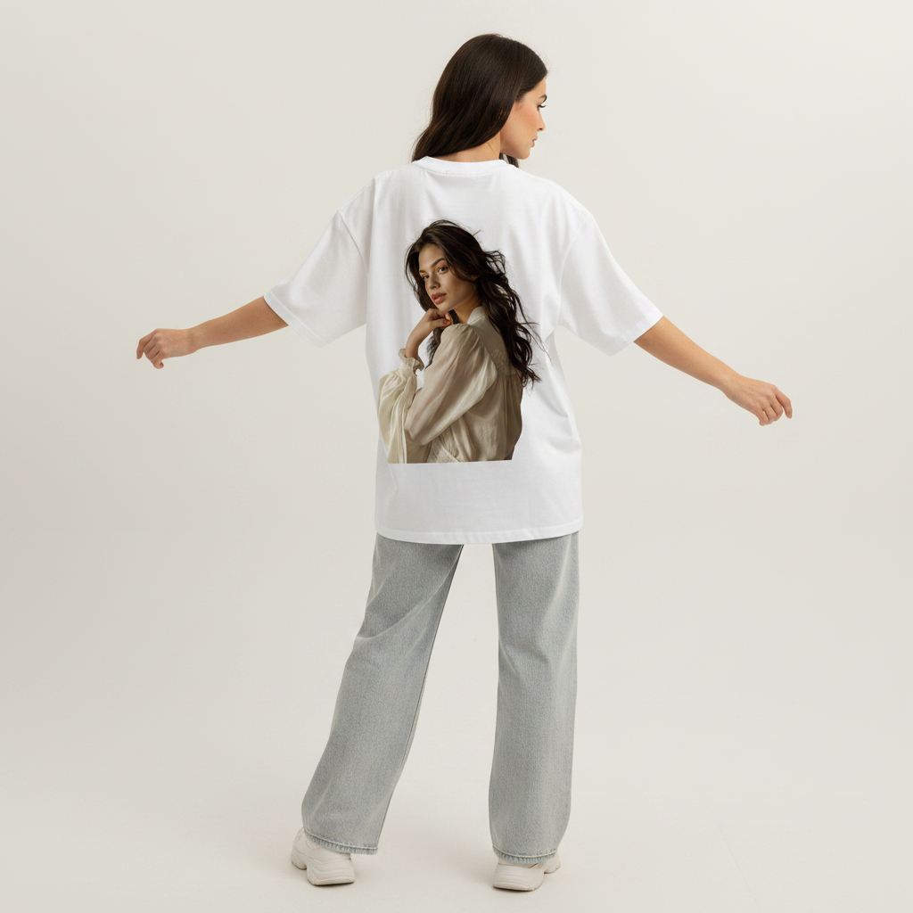 Dark Hair Lady Print White Tee Back Pose 1