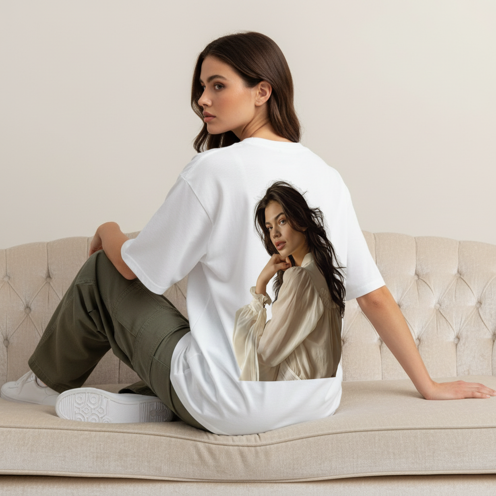 Dark Hair Lady Print White Tee Back Pose 3