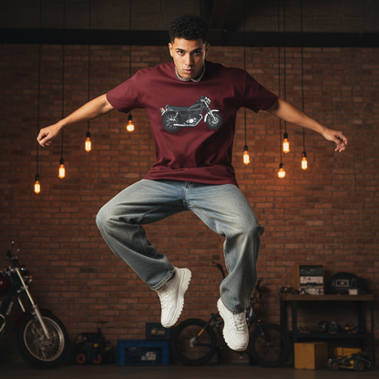 Retro Midnight Rider French Terry Oversized 5-Sleeve T-Shirt  - Royal Maroon