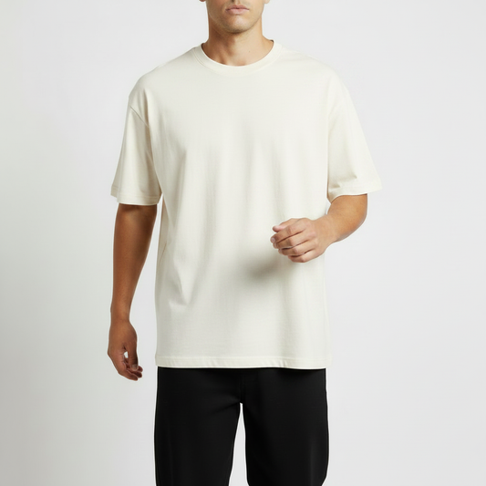 Men Plain Oversized French Terry 5-Sleeve T-Shirt 鈥?White