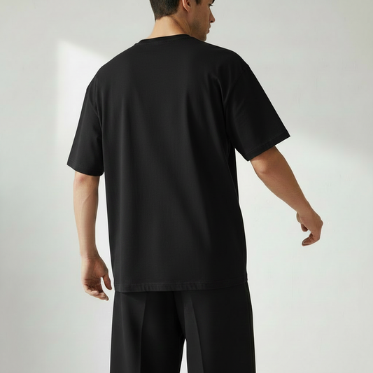 Men Plain Oversized French Terry 5-Sleeve T-Shirt 鈥?Midnight Black