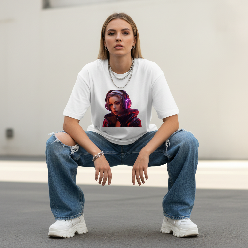 Female model front pose - street crouch - DJ girl white tee