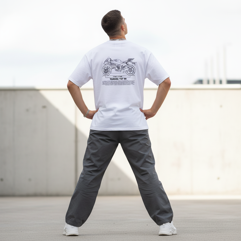 Male model back pose - wide stance - Yamaha YZF R6 blueprint white tee
