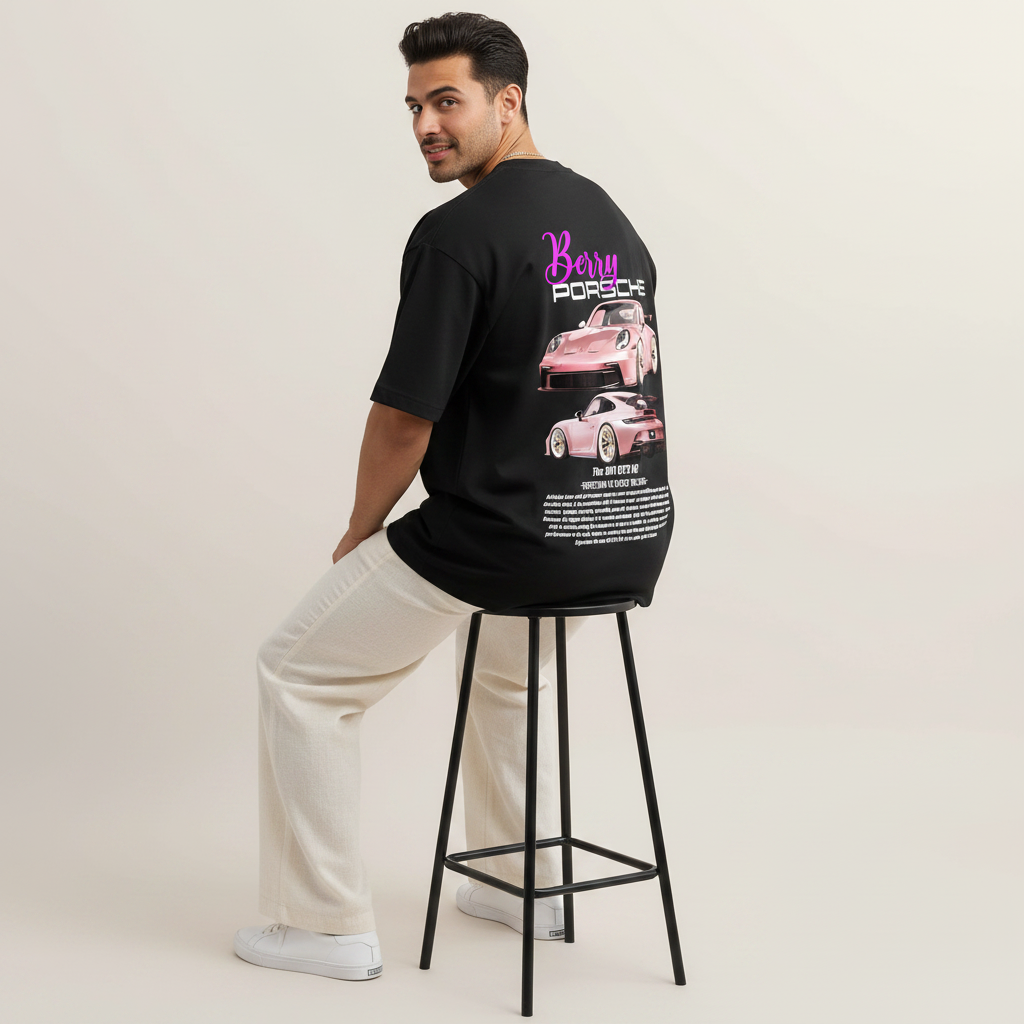 S2 - Model sitting on stool with Berry Porsche back print