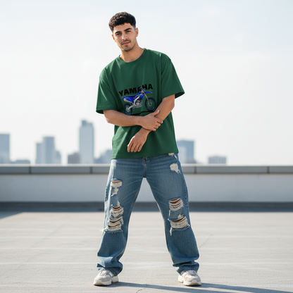 Male model front pose - arms crossed rooftop - Yamaha YZ250 bottle green tee