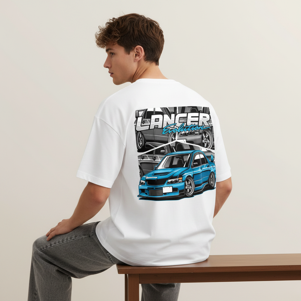 S1 - Model sitting on bench back to camera with Lancer Evo back print