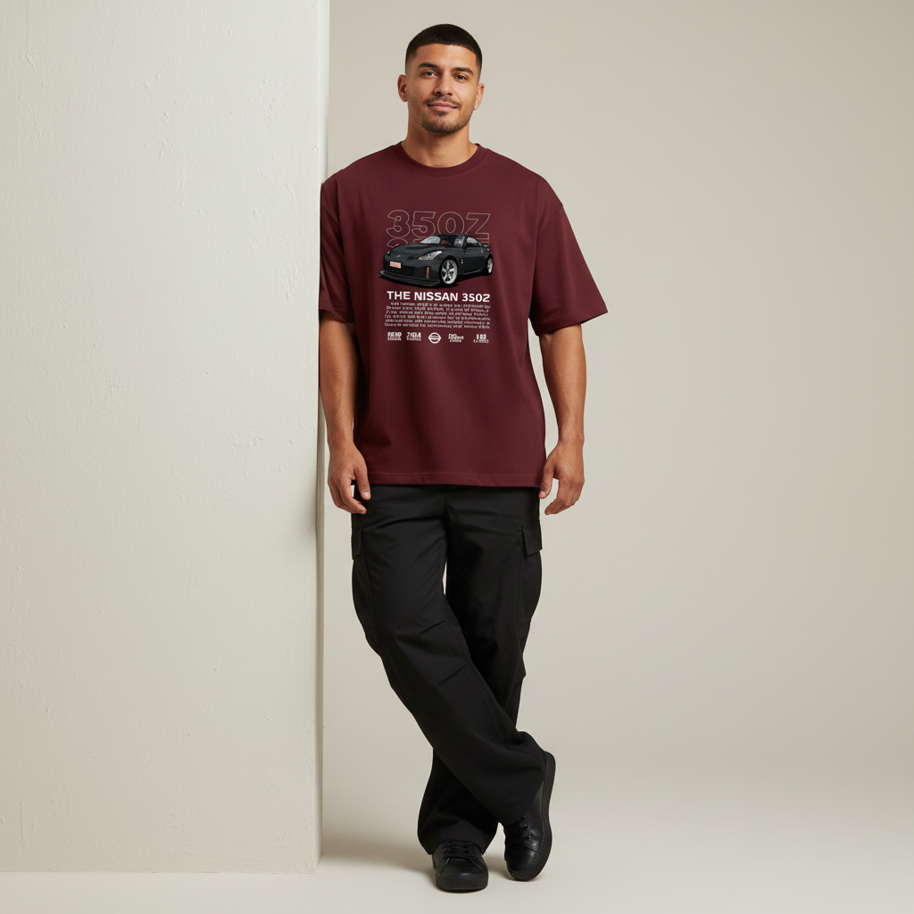 S2 - Model leaning on wall front facing with Nissan 350Z front print