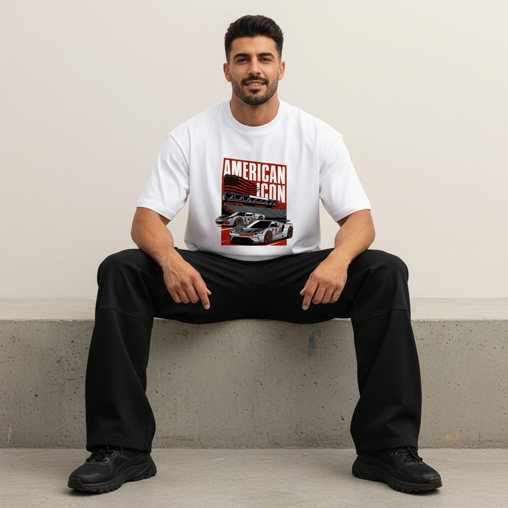 S2 - Model sitting on ledge front facing with American Icon Ford GT front print