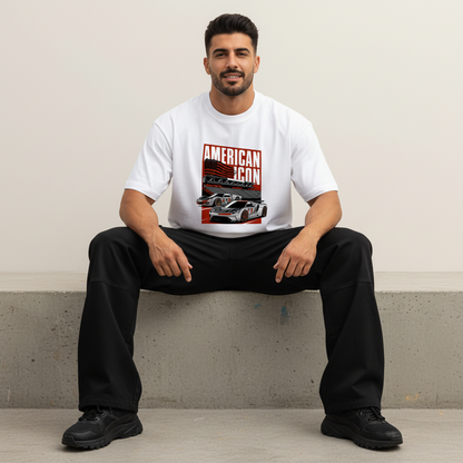 S2 - Model sitting on ledge front facing with American Icon Ford GT front print