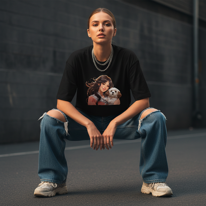 Female model front pose - street crouch - anime puppy girl black tee