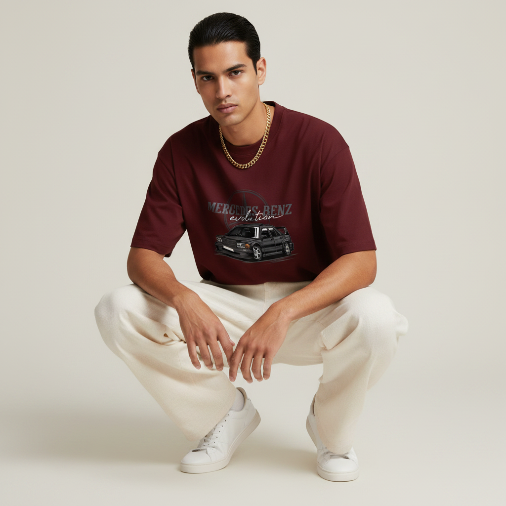 S1 - Model crouching front facing with Mercedes Benz Evolution front print