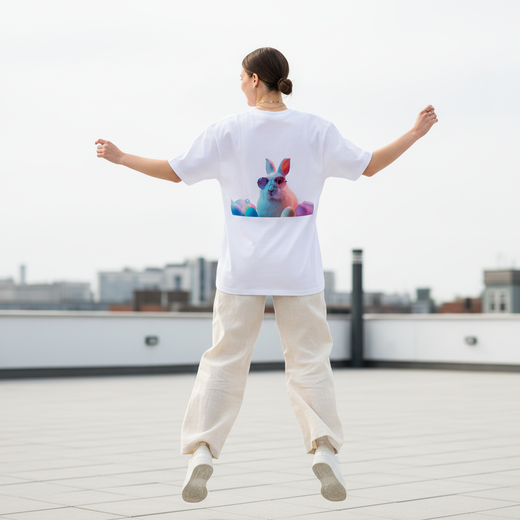 Female model back pose - jumping mid-air Gen-Z - bunny white tee