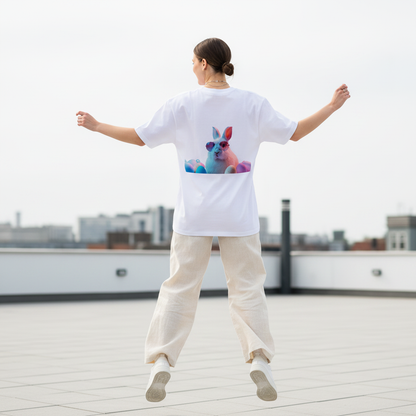 Female model back pose - jumping mid-air Gen-Z - bunny white tee