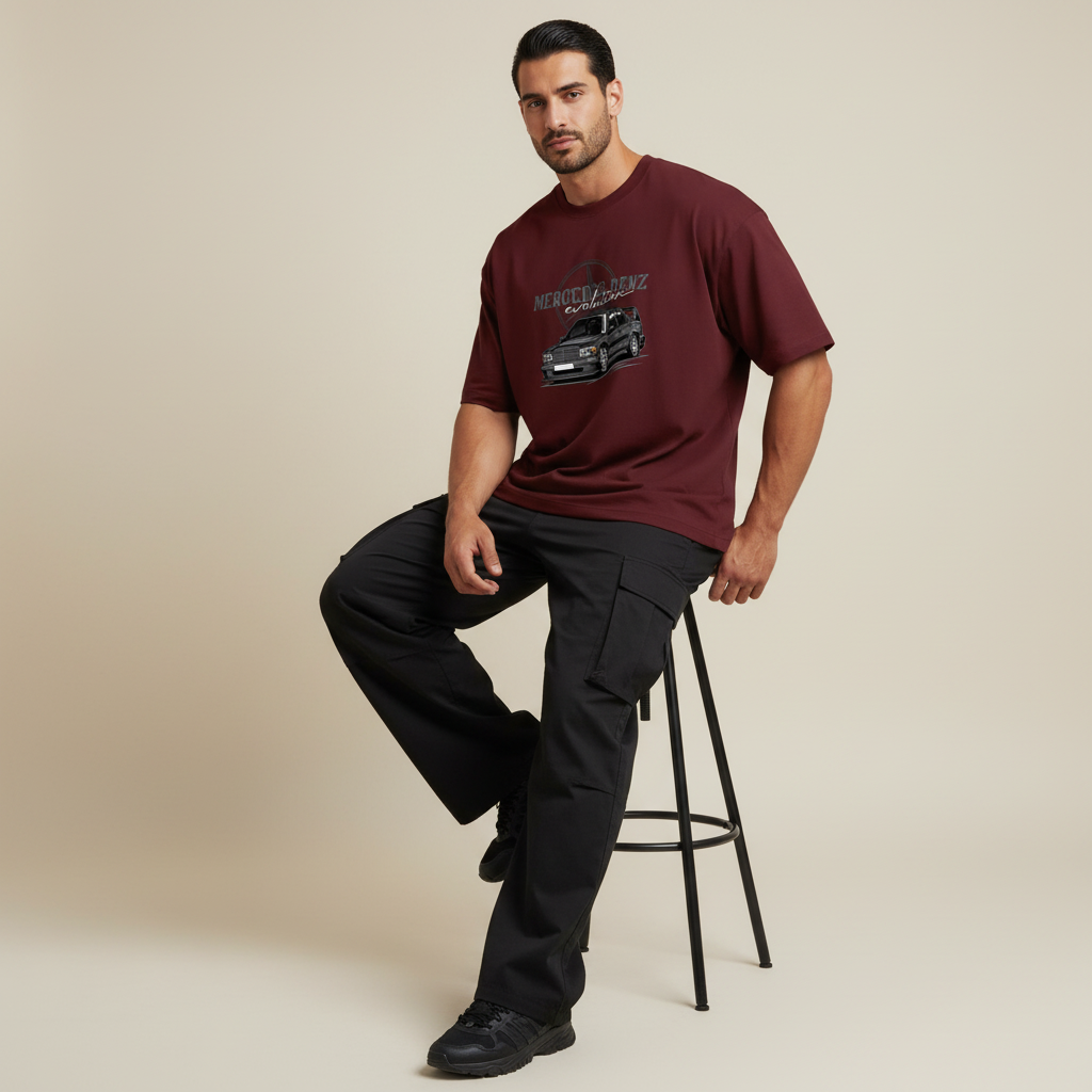 S2 - Model sitting on bar stool front facing with Mercedes Benz Evolution front print