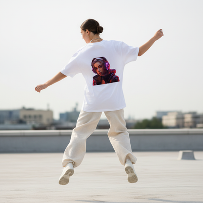 Female model back pose - jumping - DJ girl white tee
