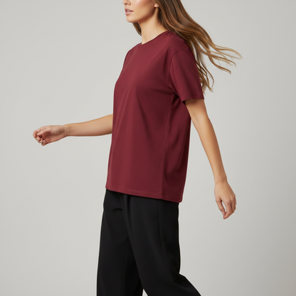 Women Plain Oversized Fit 5-Sleeve Royal Maroon - Side Walking