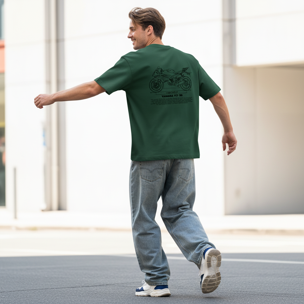 Male model back pose - fast stride head turn - Yamaha YZF R6 bottle green tee