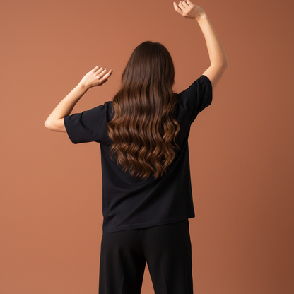 Women Plain Oversized Fit 5-Sleeve Midnight Black - Back Arms Raised