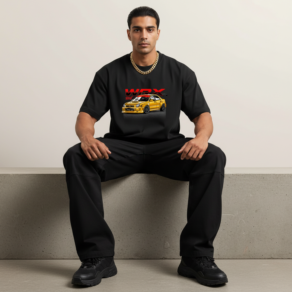 S2 - Model sitting on ledge front facing with Subaru WRX STI front print