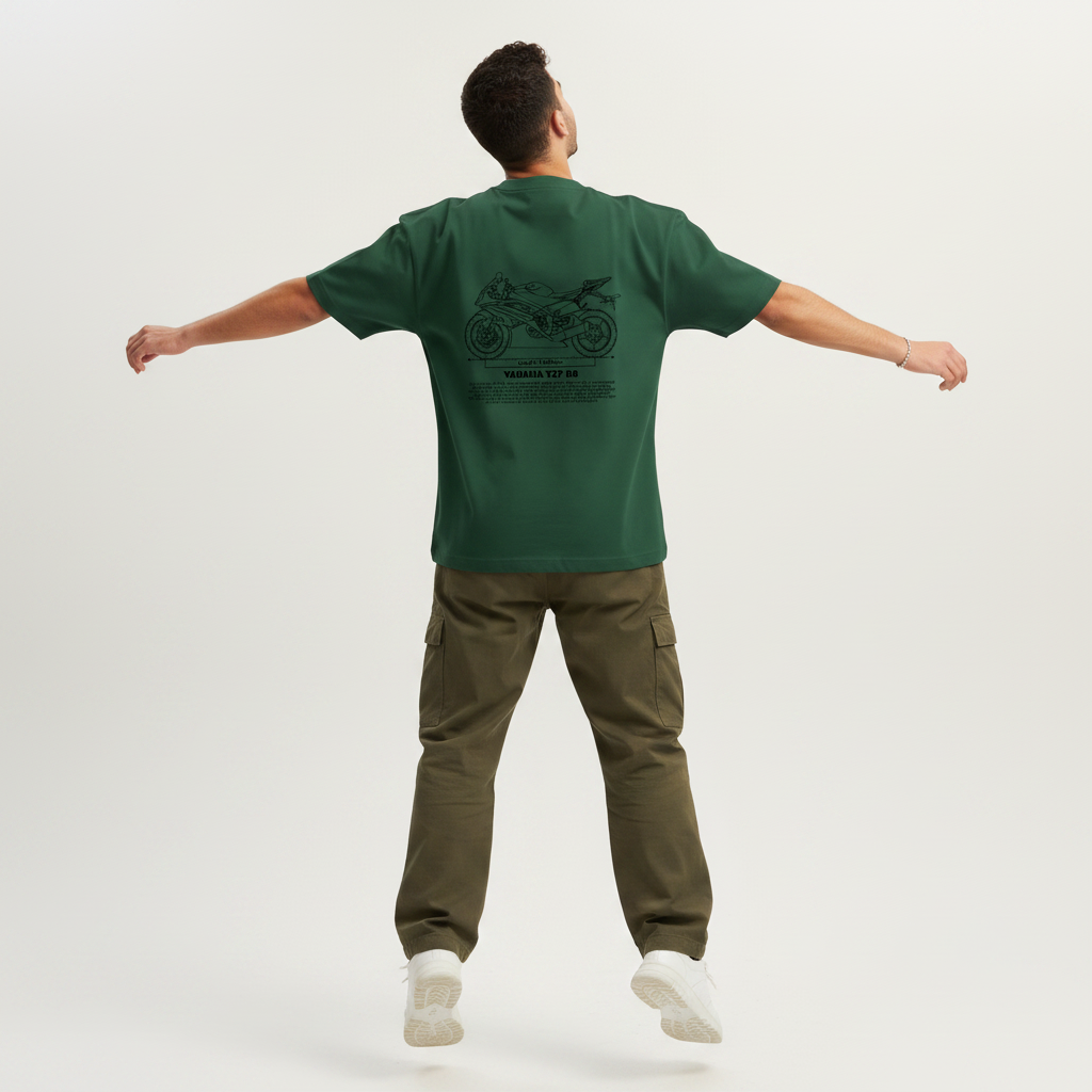 Male model back pose - jump arms spread - Yamaha YZF R6 bottle green tee