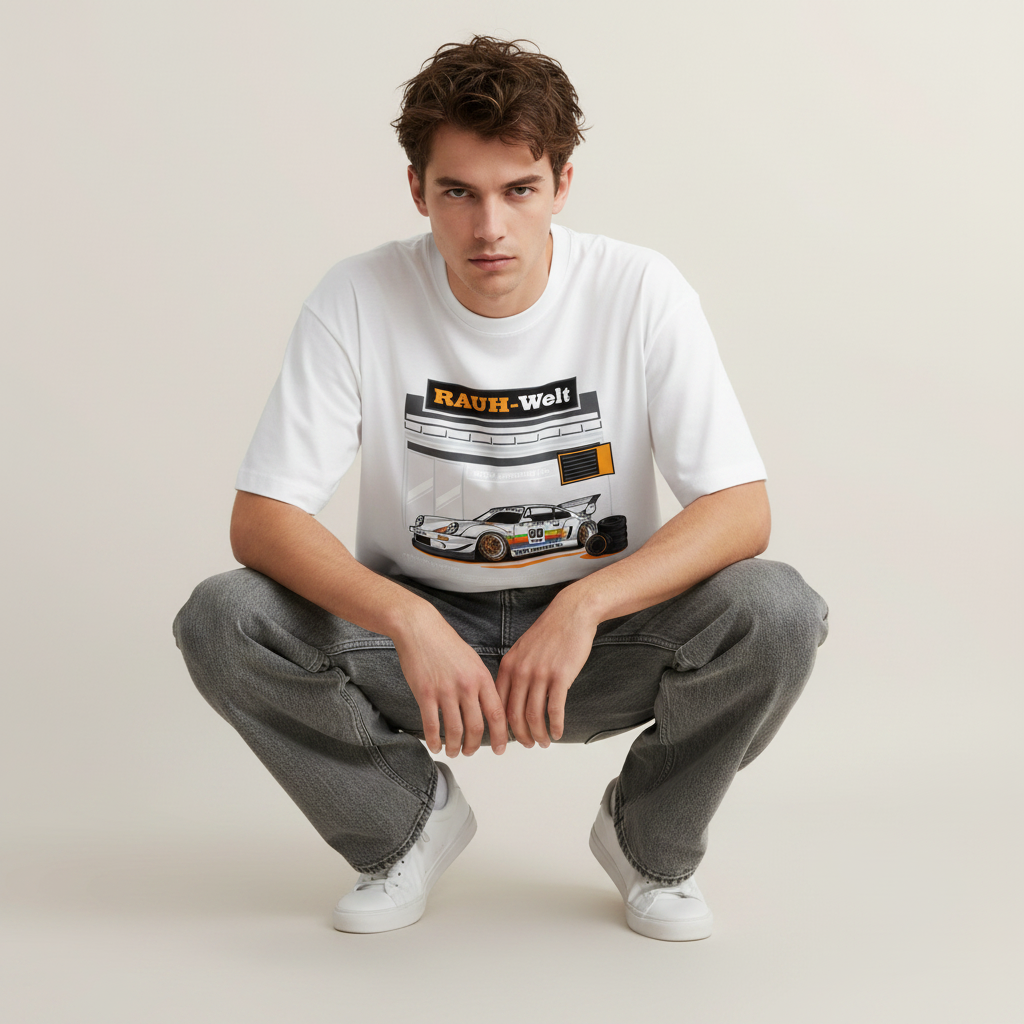 S1 - Model crouching front facing with Porsche 99 Edition front print