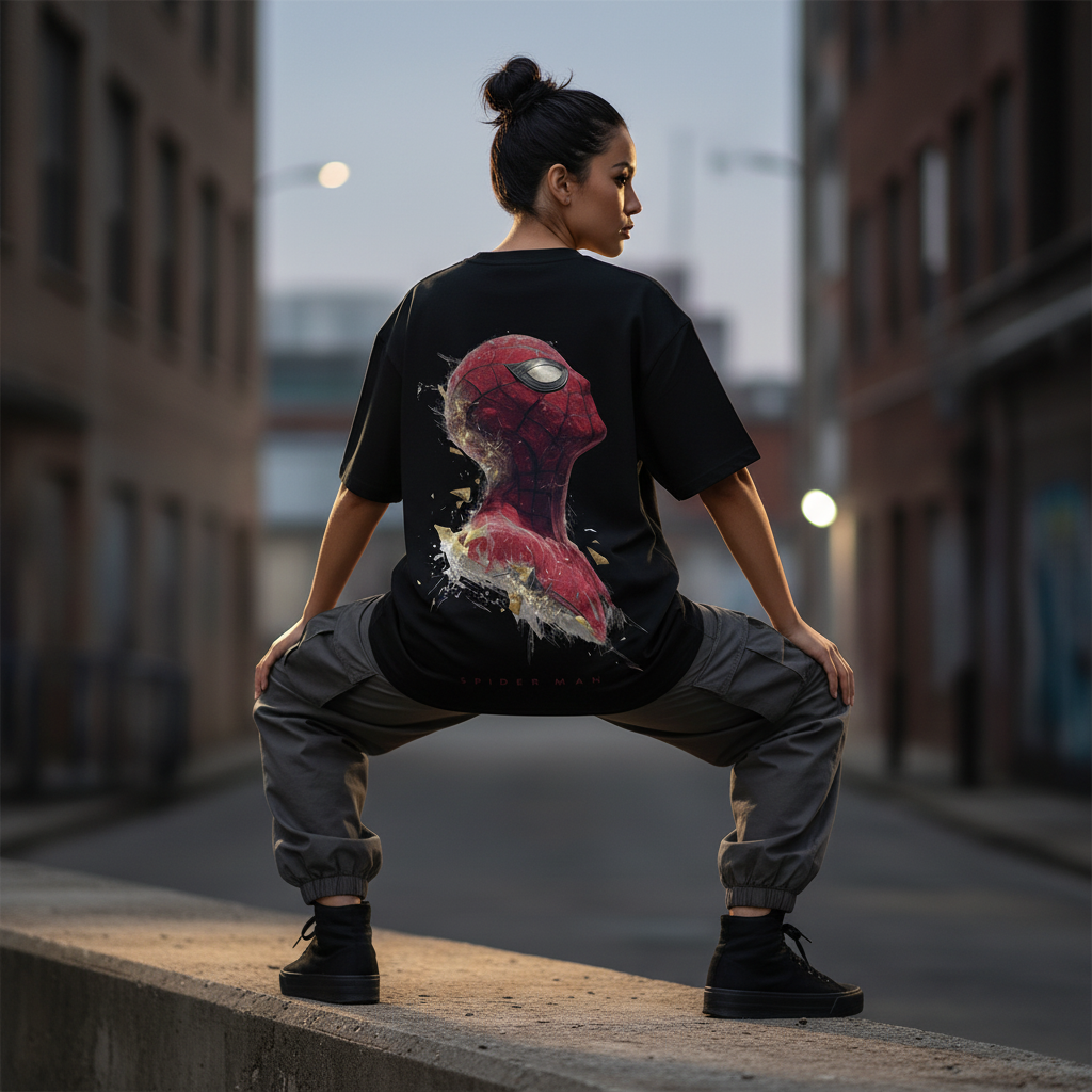 Female model back pose - Latino Hispanic - Spiderman black tee
