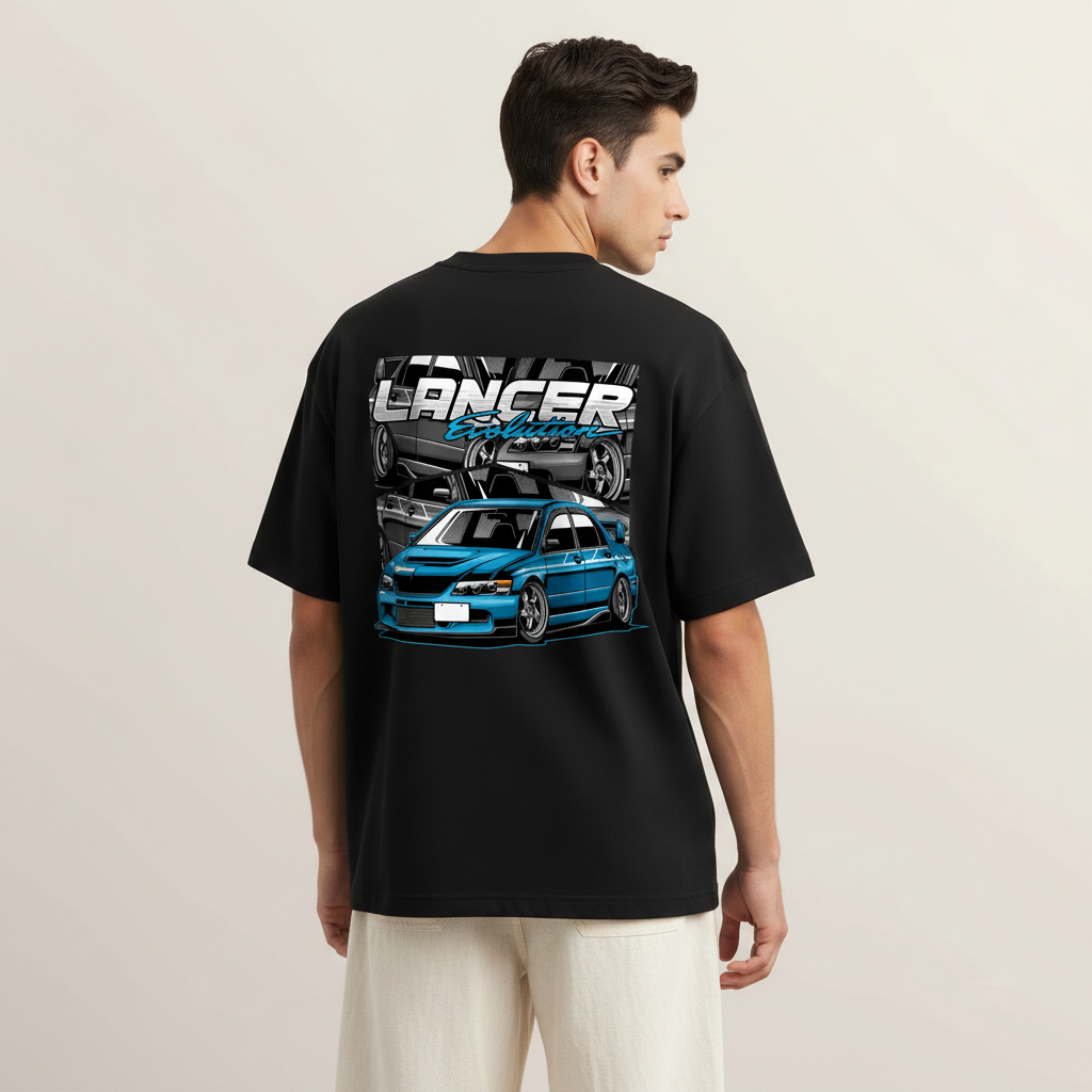 S1 - Model hip out back to camera with Lancer Evo back print