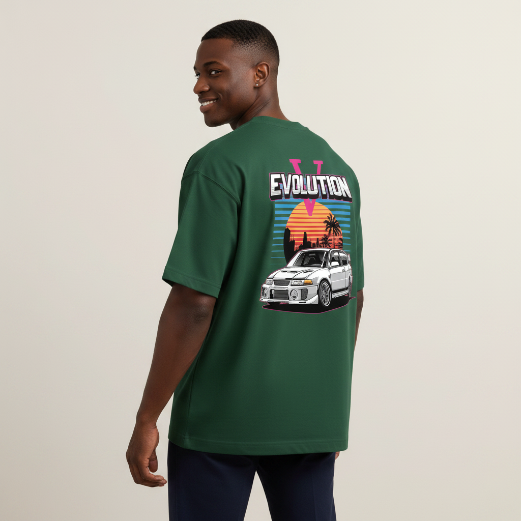 S2 - Model untucked shirt looking over shoulder back to camera with Lancer Evolution back print