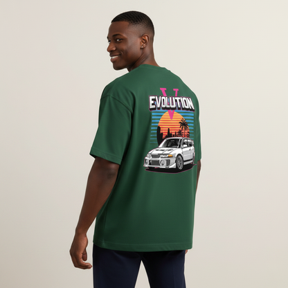 S2 - Model untucked shirt looking over shoulder back to camera with Lancer Evolution back print