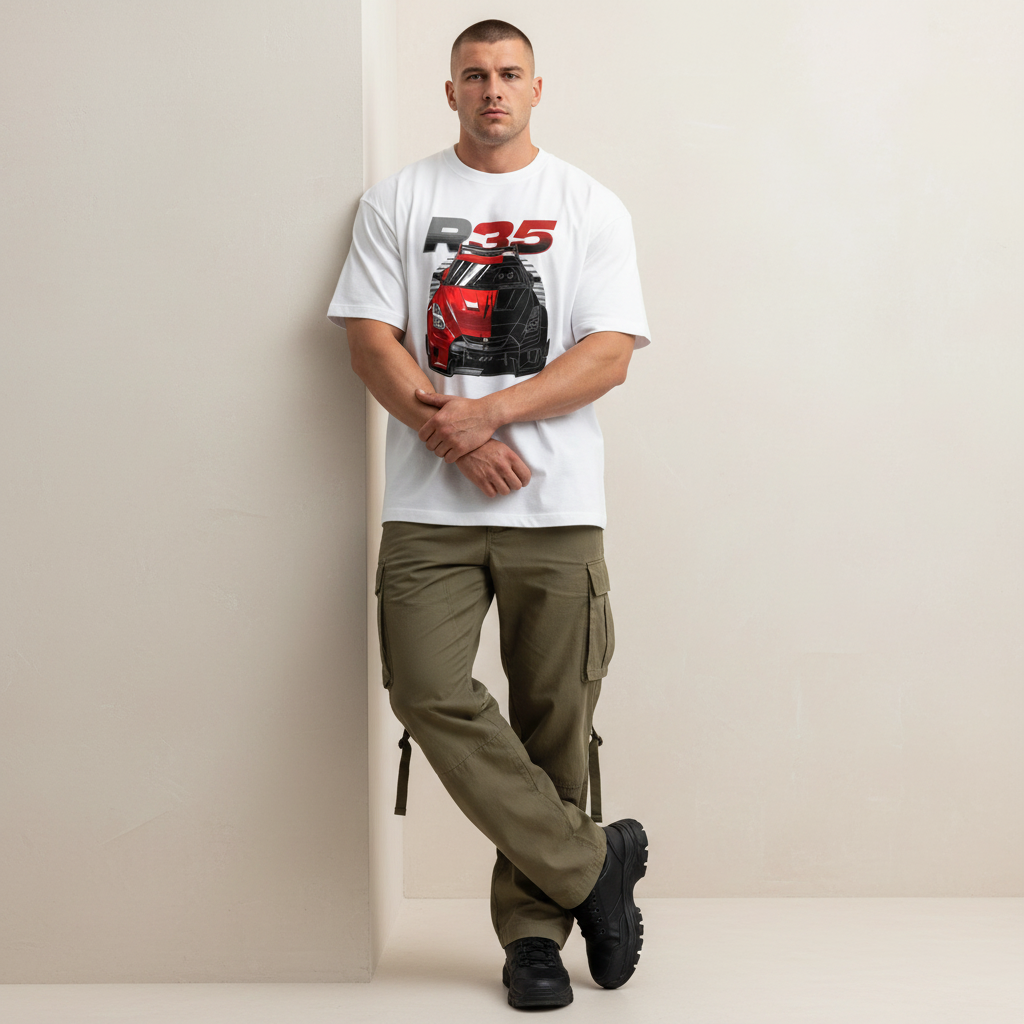 S2 - Model leaning on wall front facing with GTR R35 front print