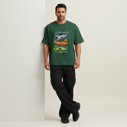S2 - Model leaning on wall front facing with Fast and Furious front print
